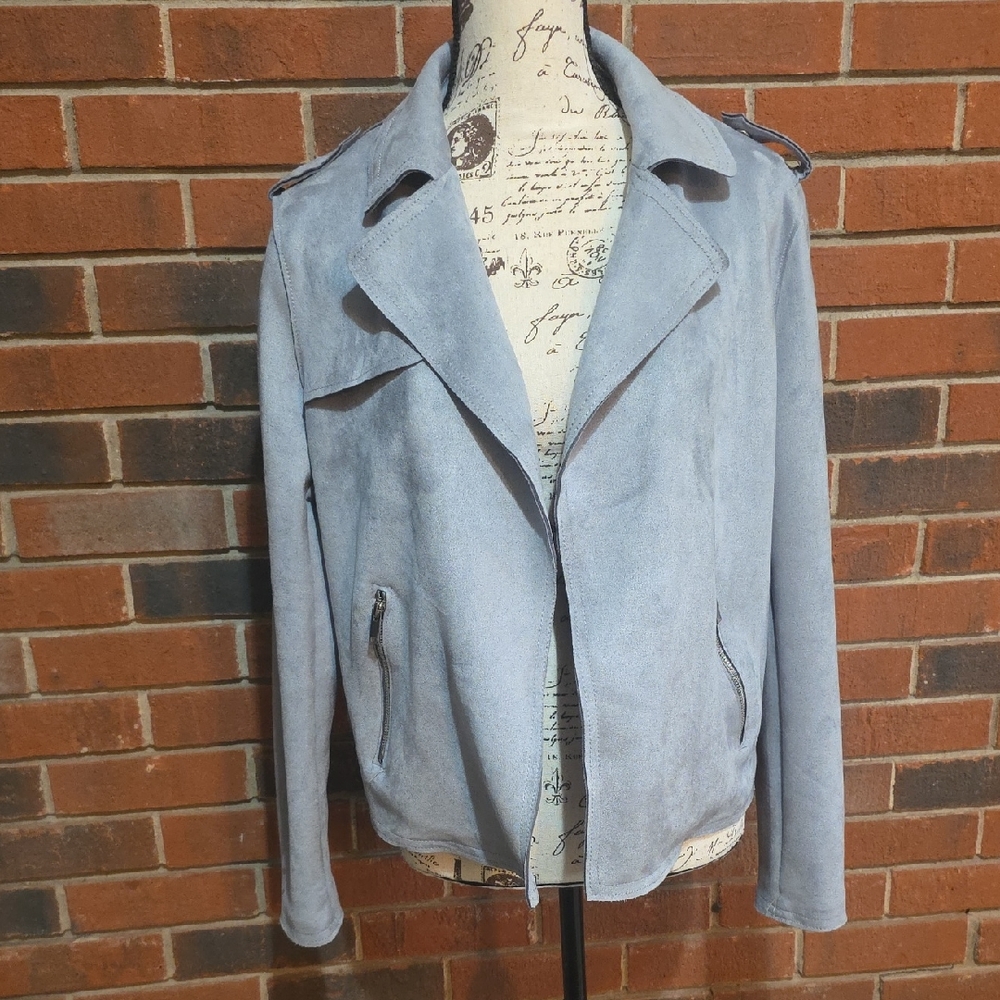 Light Blue Suede Women’s Jacket - Classic Open Collar Coat